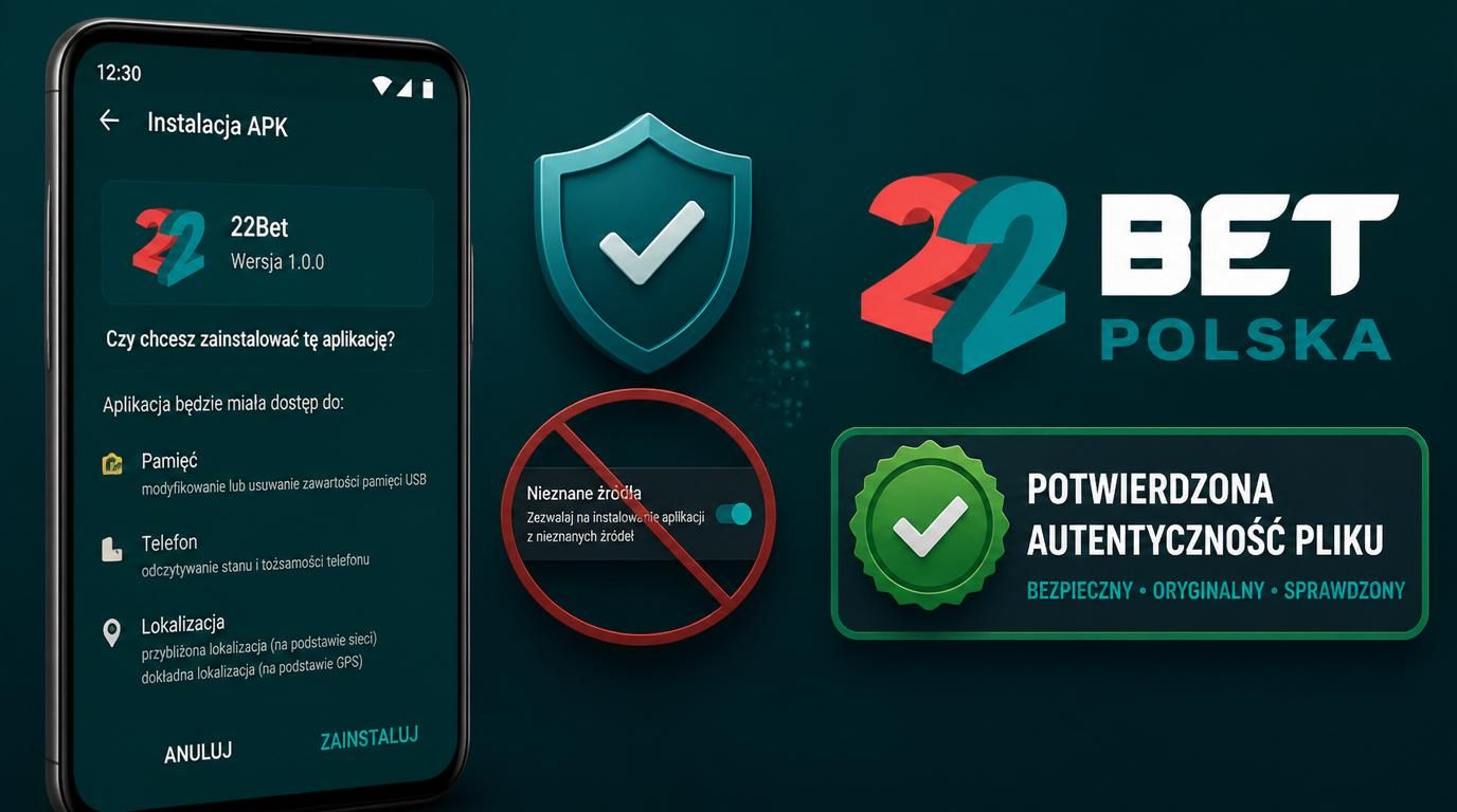 Ikona telefonu z napisem „Pobierz aplikację 22Bet APK” nad przyciskami „Android” i „iOS”