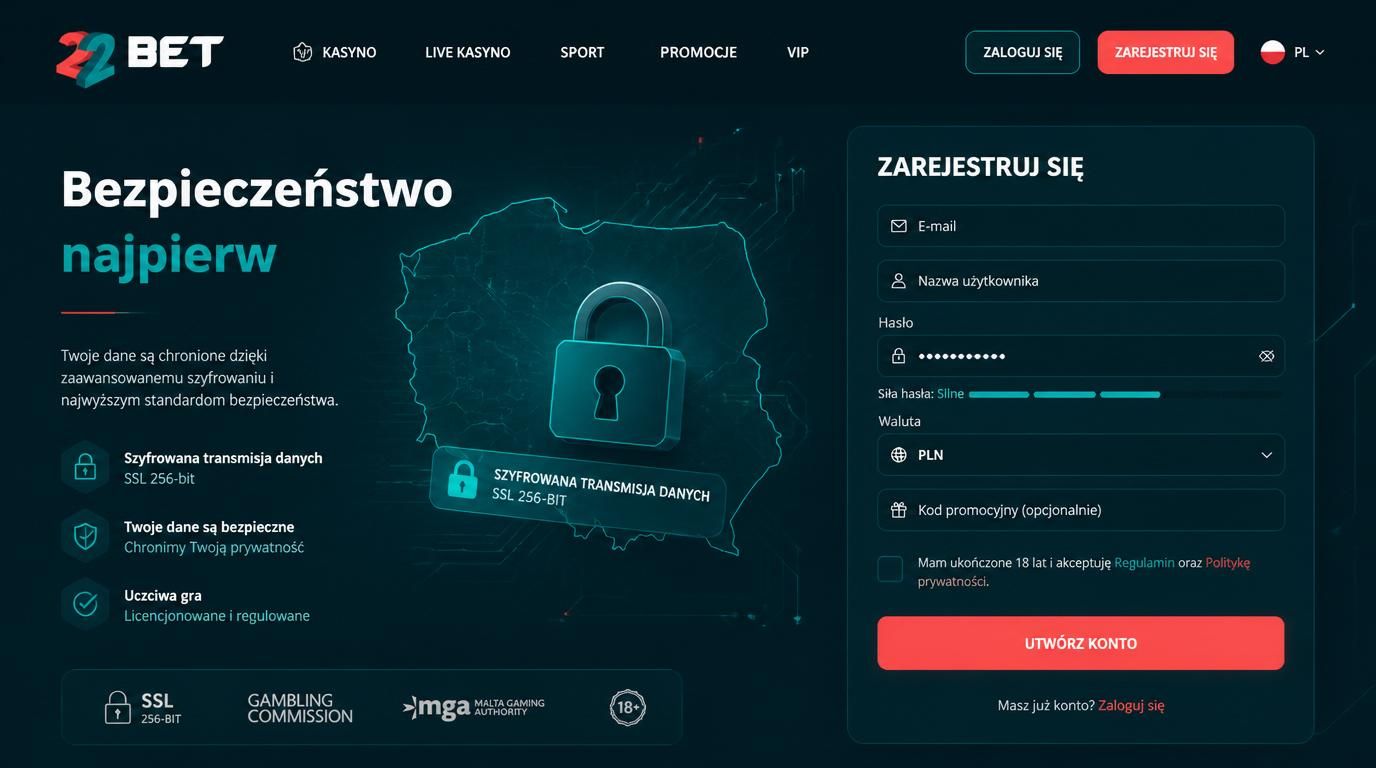 Gracz trzymający laptopa z formularzem rejestracji i flagą Polski, akcenty premium